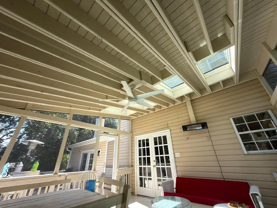 Screened porch ceiling, beams and fan
