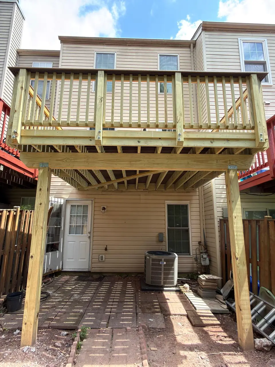 Front view of the completed deck and supporting posts