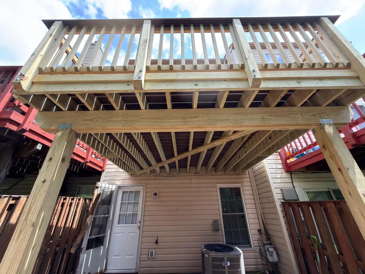 New deck joists, support beam, posts and diagonal bracing